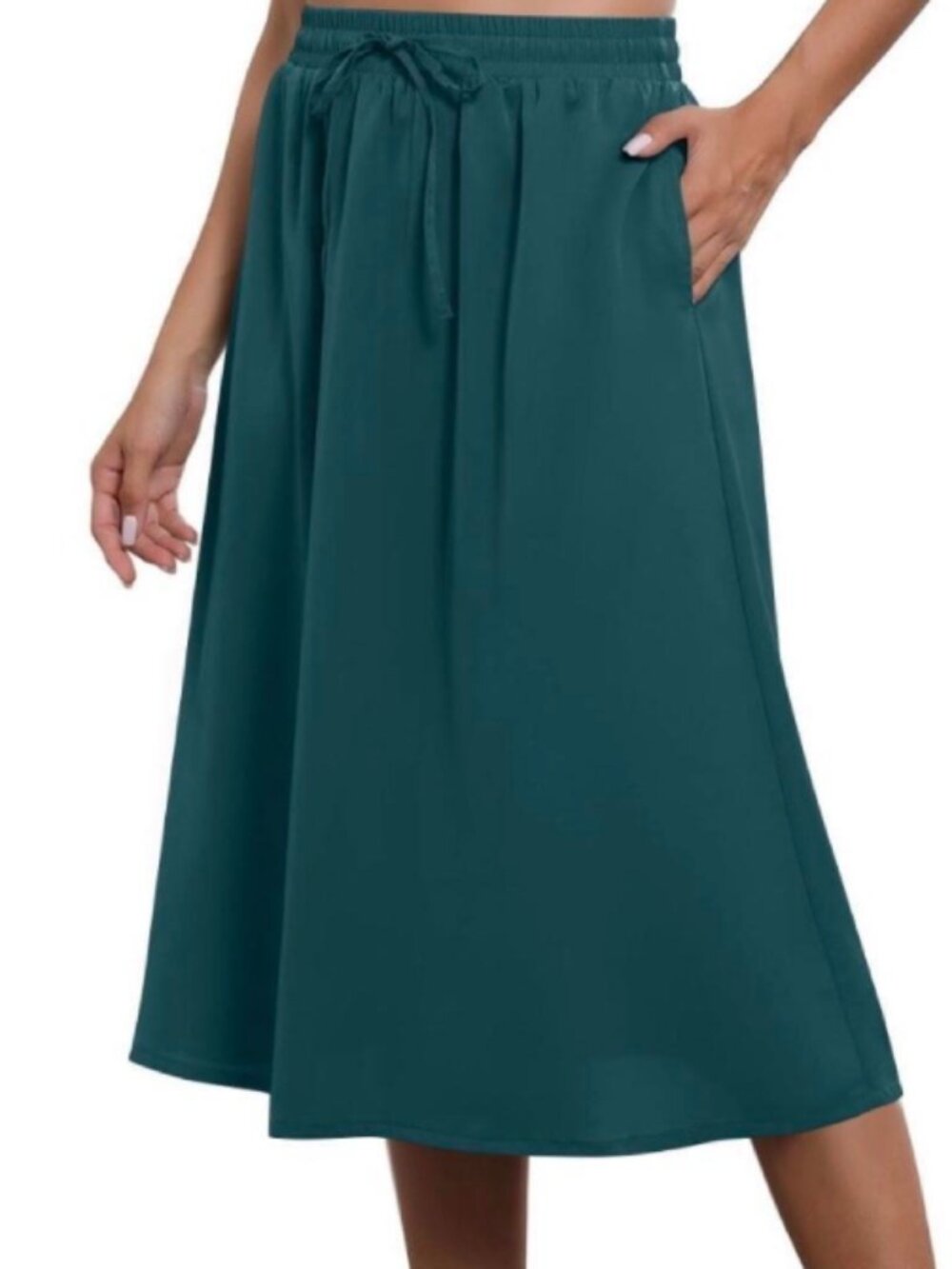A new day satin Green Elastic Waist Midi Skirt holiday christmas skirt tie front